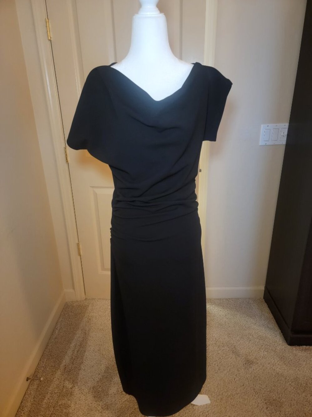 Gibson Latimer Women's M, Black Cowl Neck Maxi Dress Ruched Draped Cap Sleeve